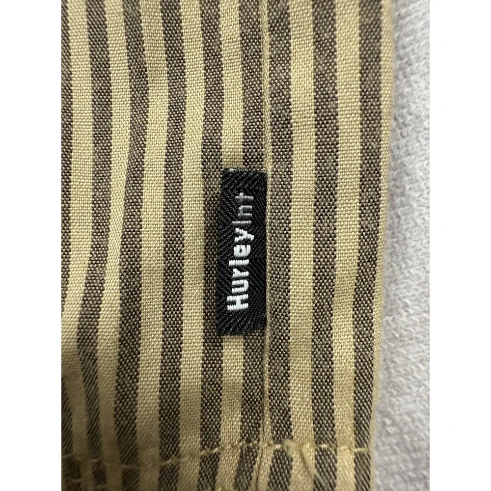 Hurley Shirt Mens XL Beige Brown Striped Button Up Long Sleeve Pocket Skater‎